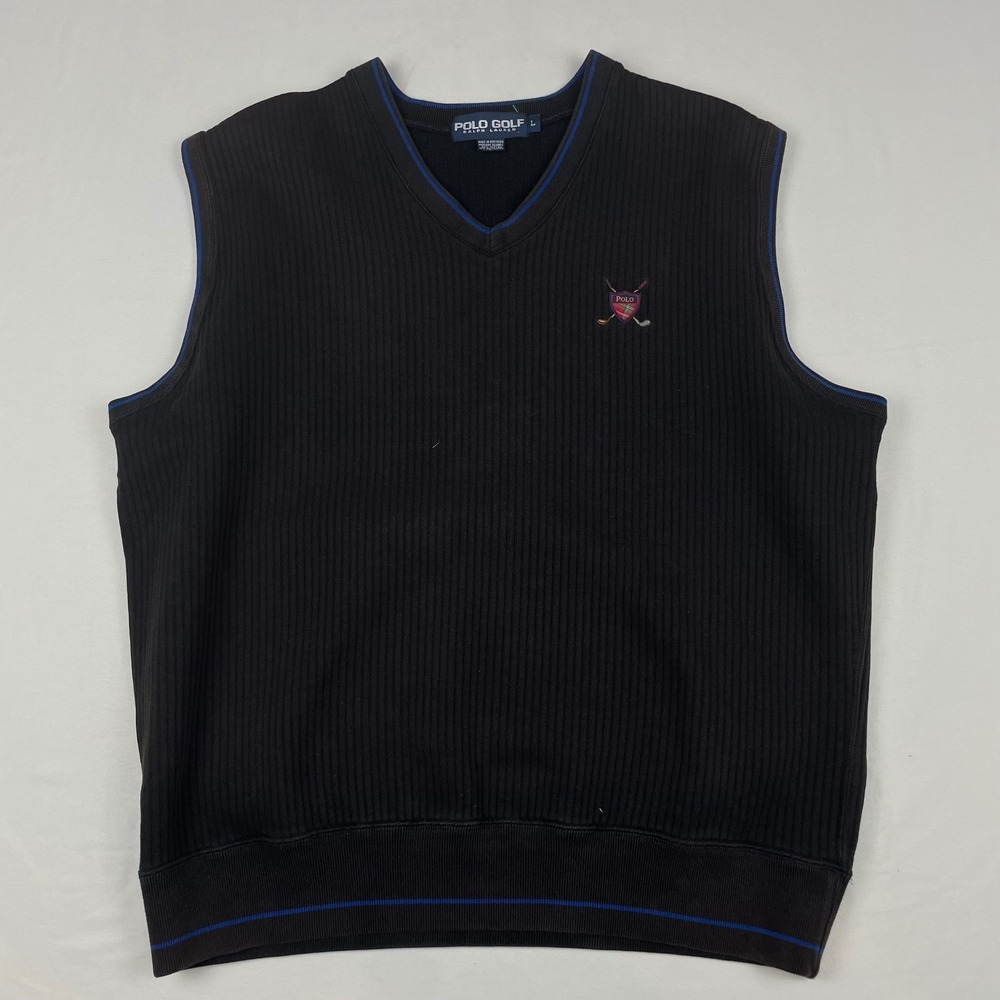 Polo Golf Ralph Lauren Mens Large Black Ribbed V-Neck Sweater Vest Crest Logo